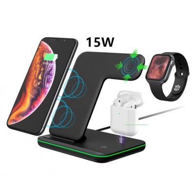 15W fast charging 3 in 1 wireless charger for mobile phone, watch and earphone vertical 3 in 1wireless charger